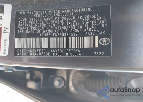 2014 Toyota Camry Se из США, поврежденный, VIN 4T1BF1FK6EU385582